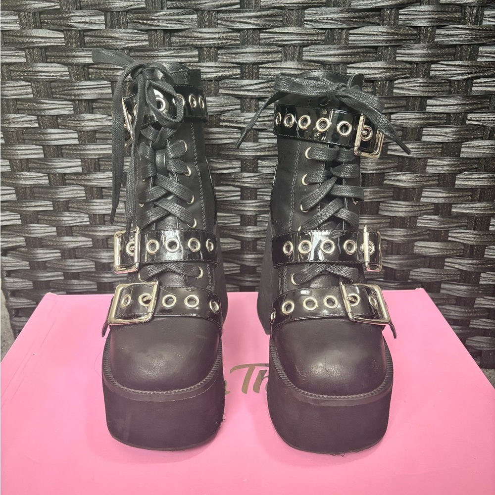 Dolls Kill Black Platform Buckle Lace-Up Heeled Ankle Boots - Picture 2 of 3